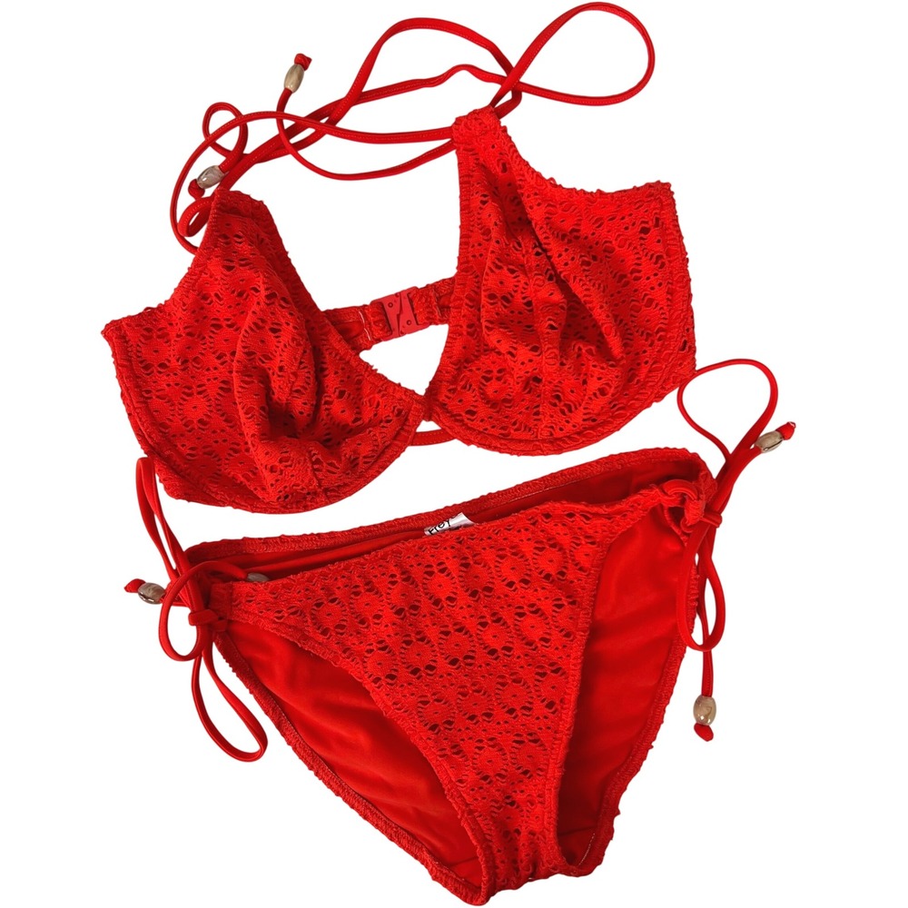 Freya Orange Crochet Underwire Halter Bikini Set Size US 34G Top Medium Bottom